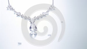 A white diamond necklace sitting on a white table. The necklace has a large, pear-shaped diamond pendant. The pendant is