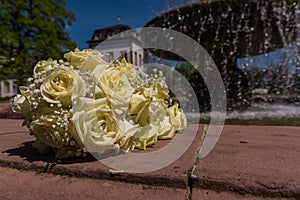 White Diamond Rose Bouqet Flowers at Fountain Outdoors Wedding