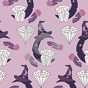 White diamonds, hat and celestials, seamless pattern