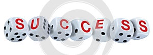 White dice with black eyes numbers spelling SUCCESS in red letters isolated on white background.