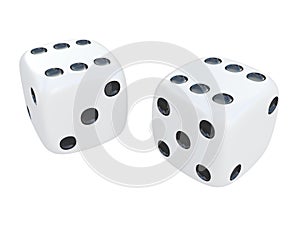 White dice with black spots isolated on a white background 3d rendering photo