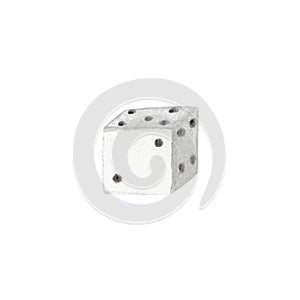 White dice with black spots isolated on white background. Watercolor hand drawn illustration