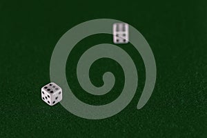White dice on the green cloth of the table