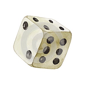 White die with black dots. Hand drawn watercolor illustration isolated on white. Playing cube with marked sides for tabletop games