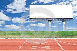 White digital billboard with running track in sport stadium blu