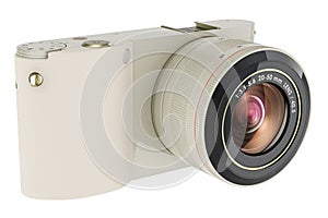 White digital camera, mirrorless interchangeable-lens camera. 3D rendering