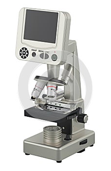 White Digital Microscope with black screen, 3D rendering
