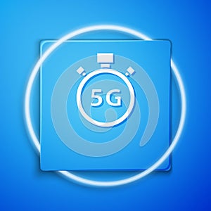 White Digital speed meter concept with 5G icon isolated on blue background. Global network high speed connection data