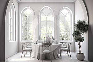 White dining room corner with arched windows. Modern living room with dining zone. luxury dinning room interior. Generative Ai