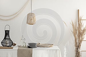 White dining room interior with beige decorations