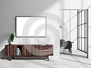 White dining room interior with drawer and window, mockup poster