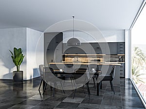 White dining room and kitchen interior