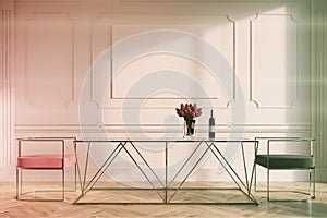 White dining room, pink, gray chairs poster toned