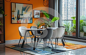 white dining table chairs with black and white chairs in a small living room