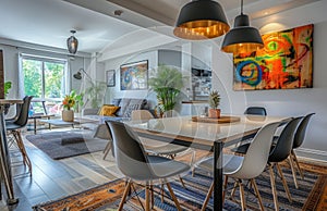 white dining table chairs with black and white chairs in a small living room