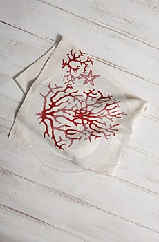 White Dinner Napkin with Red Coral and Starfish Print