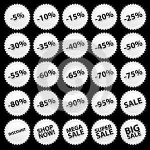 White discount, sale sticker set, vector illustration