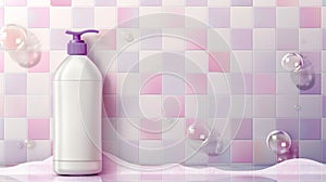 White dispenser for shampoo, liquid cream, lotions or oils, powder tube with purple cap, cute label on tiled wall with