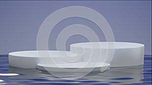 White display stand in water lit by studio lights From design with 3D rendering. 3d podium.