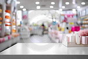 White Display Table with Blurred Drugstore Interior Background