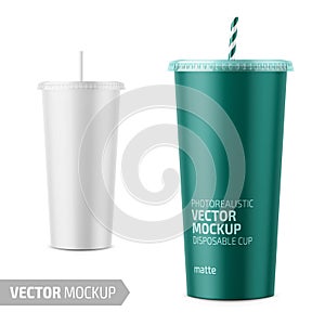 White disposable paper cup with lid and straw.