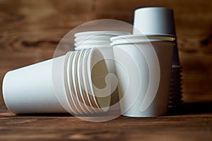 White disposable paper cups for coffee and tea.A lot.