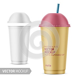 White disposable plastic cup with dome lid.