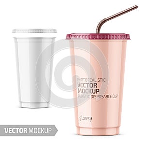 White disposable plastic cup with lid and straw.