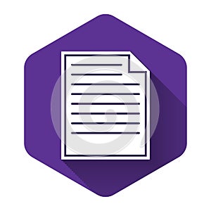 White Document icon isolated with long shadow. File icon. Checklist icon. Business concept. Purple hexagon button