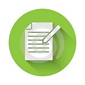 White Document and pen icon isolated with long shadow. File icon. Checklist icon. Business concept. Green circle button