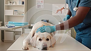 White Dog Being Examined by Veterinarian