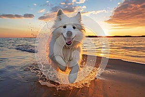 White dog dashing across the sandy shore as the sun sets in a spectacular burst of colors. Ai generated