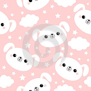 White dog face. Seamless Pattern. Cloud star in the sky. Cute cartoon kawaii funny smiling baby character. Wrapping paper, textile