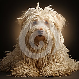 White dog of the Komondor breed, or Hungarian Shepherd. An animal with unusual hair in the form of dreadlocks.