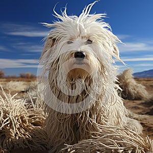 White dog of the Komondor breed, or Hungarian Shepherd. An animal with unusual hair in the form of dreadlocks.