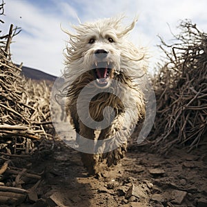 White dog of the Komondor breed, or Hungarian Shepherd. An animal with unusual hair in the form of dreadlocks.