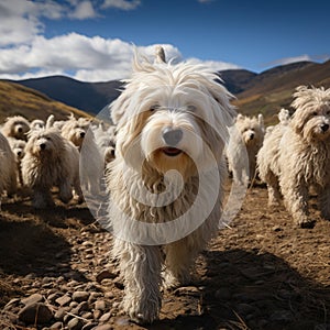 White dog of the Komondor breed, or Hungarian Shepherd. An animal with unusual hair in the form of dreadlocks.