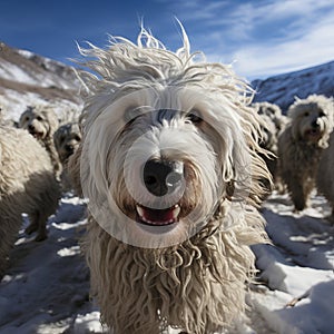 White dog of the Komondor breed, or Hungarian Shepherd. An animal with unusual hair in the form of dreadlocks.