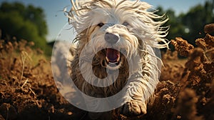 White dog of the Komondor breed, or Hungarian Shepherd. An animal with unusual hair in the form of dreadlocks.