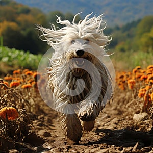 White dog of the Komondor breed, or Hungarian Shepherd. An animal with unusual hair in the form of dreadlocks.