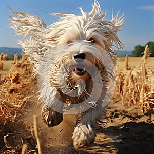 White dog of the Komondor breed, or Hungarian Shepherd. An animal with unusual hair in the form of dreadlocks.