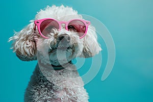 White dog in rose-colored glasses on blue background