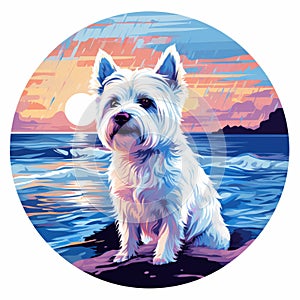 Westie Seaside Dog: Graphic Illustration Of A Painted Beach Sunset photo
