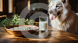 A white dog is sitting next to some food with natural probiotics from yogurt in it. food