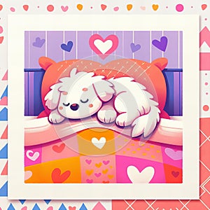 A white dog is sleeping on bed with pink and orange blanket