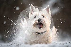 a white dog in the snow, captured mid-play.