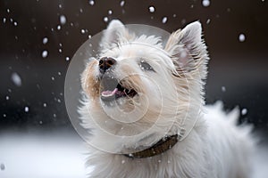 A white dog in the snow, captured mid - play