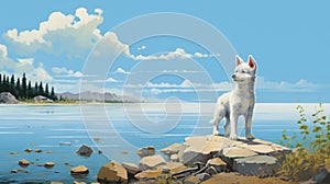 Whimsical Anime Art: Majestic White Dog By The Water photo