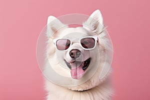 White dog wearing sunglasses isolated on solid pink background. Generative AI