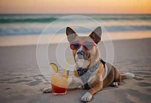 White dog wearing sunglasses relaxes on the beach next to a tropical drink